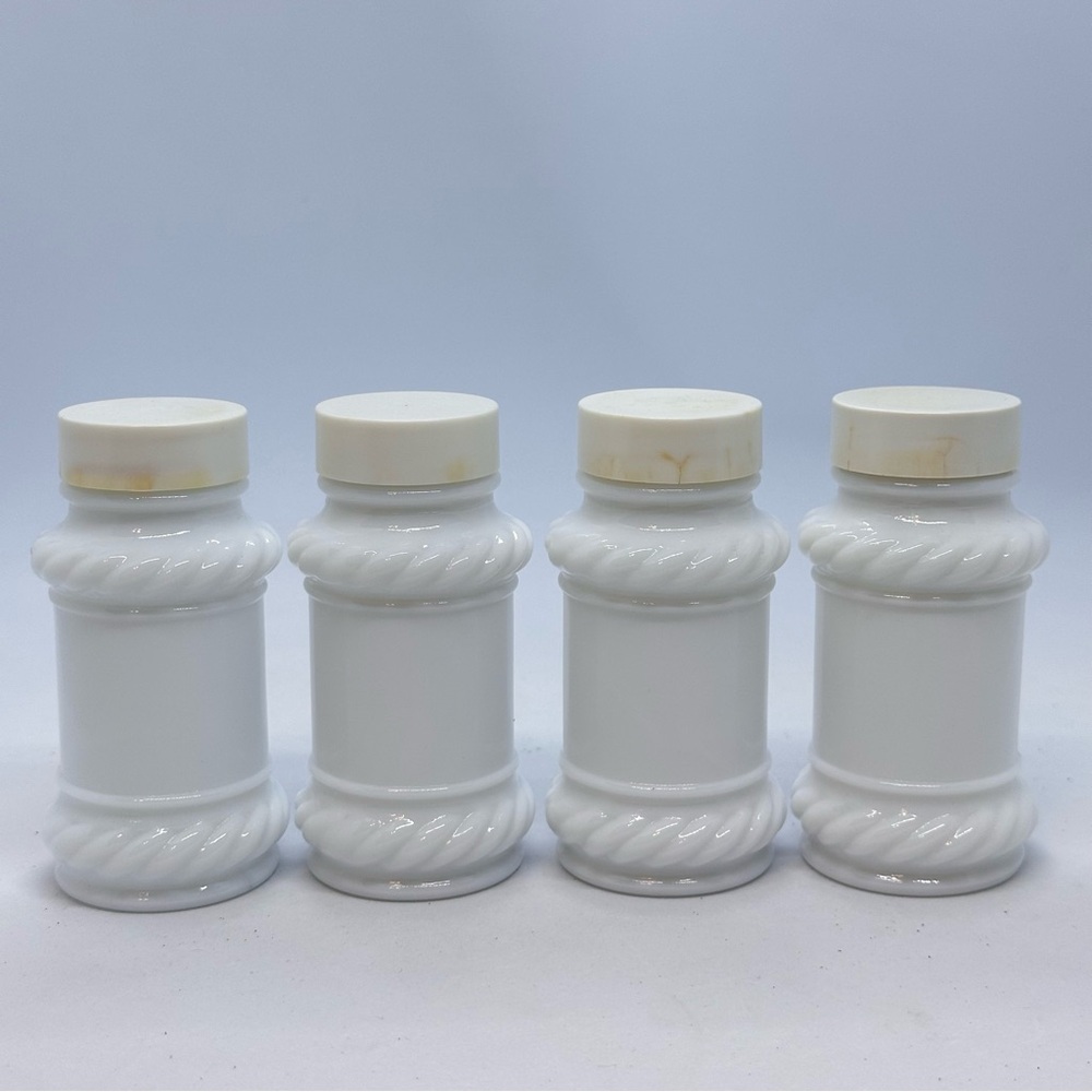 Vintage Lot of 4 Milk Glass Spice Jars Bottles Rope Design with Caps/Lids 3 5/8"